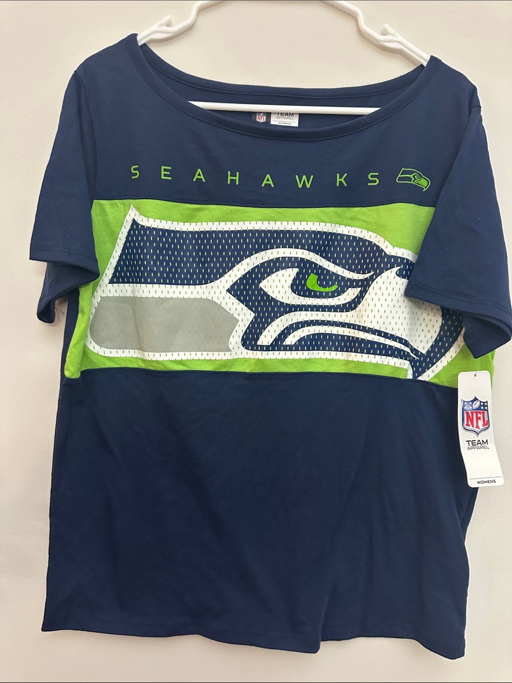 NFL Seattle Seahawks Navy and Neon Green Block Logo Tee